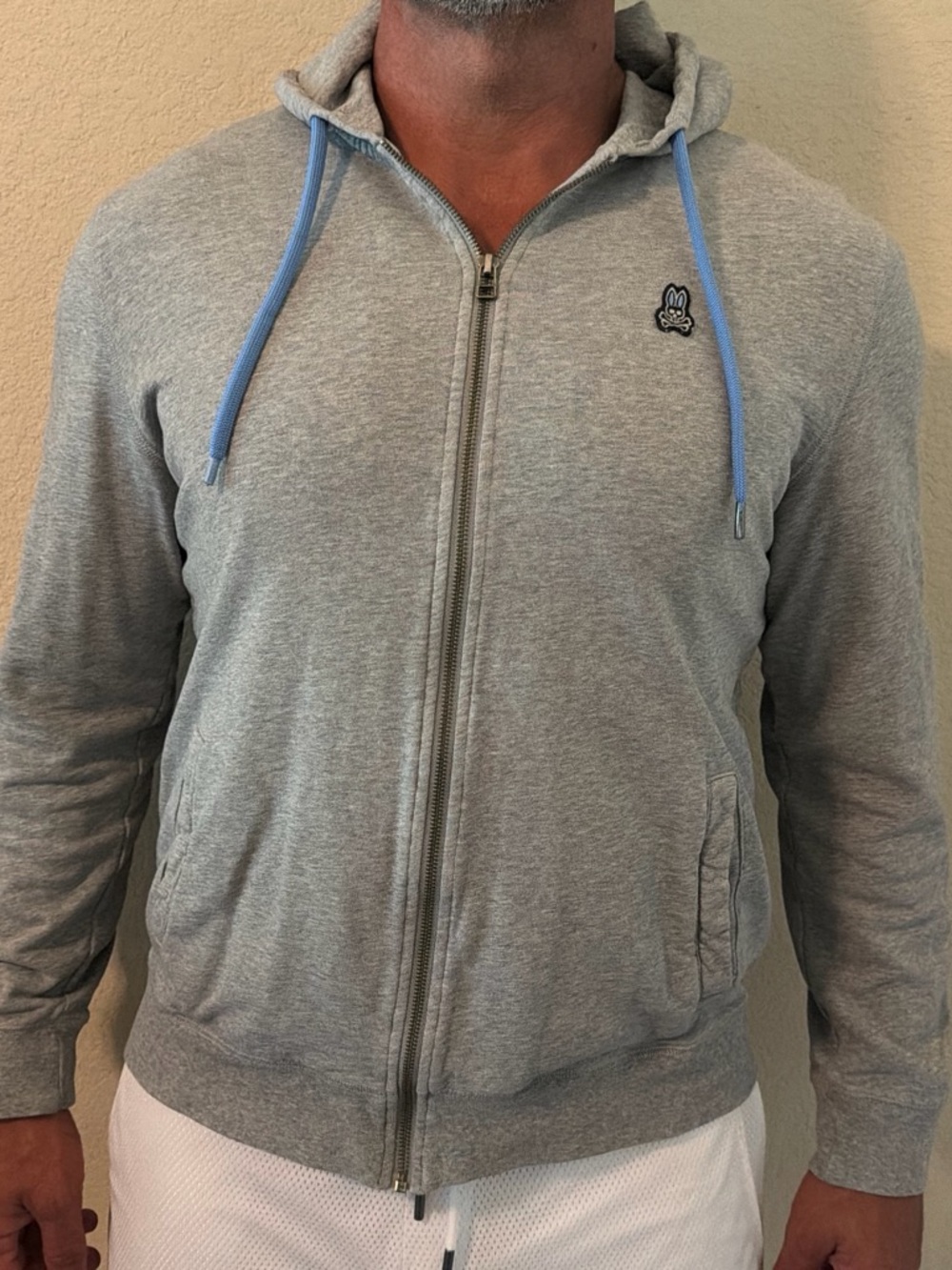 Psycho Bunny Gray Full-Zip Hoodie with Light Blue Drawstrings
